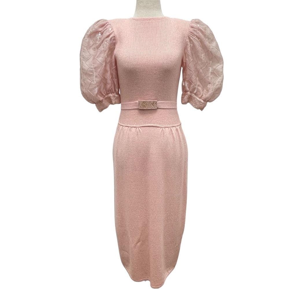 St. John By Marie Gray Sequined Puff Sleeve Pink Sweater Dress Vintage